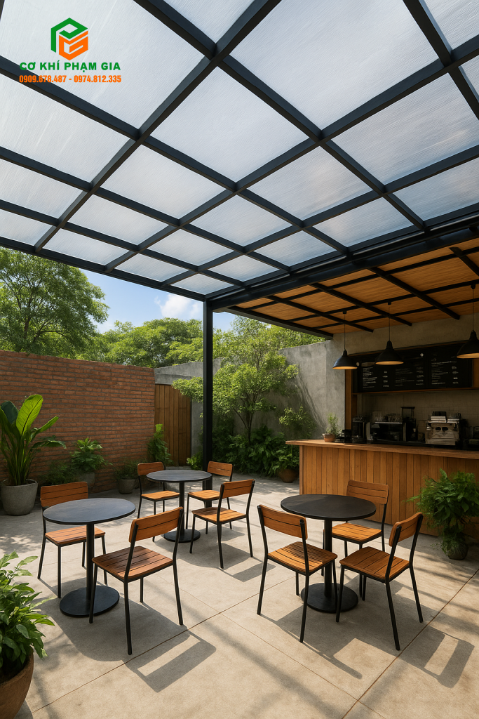 mái poly đặc ruột cho quán cafe ngoài trời
